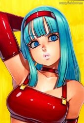 2025 ai_generated armpits artist_name blue_eyes blue_hair bra_(dragon_ball) breasts choker crazyfishbones female hairband long_hair looking_at_viewer solo