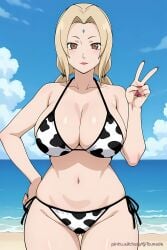 ai_generated beach big_breasts bikini cow_print_bikini cow_print_side-tie_bikini cowboy_shot frontal hand_on_hip looking_at_viewer milf naruto_(series) naruto_shippuden peace_sign pinku.ai solo thick_thighs tsunade