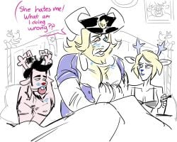 1female 2male antlers asgore_dreemurr ball_gag beard blonde_female blonde_hair blonde_hair blonde_male blue_lipstick bra brown_fur carol_holiday chubby_male crying crying_male deer_antlers deer_boy deer_ears deer_girl deer_horns deltarune deltarune_chapter_4 english english_text fat_male funny furry gagged goat_boy goat_ears goat_horns goat_humanoid hairy_male handcuffs horns in_bed lipstick_mark moustache police_hat rudolph_holiday skinny_girl smoking sweetapplemur threesome undertale venting
