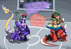 2girls 4_arms 6_limbs annoyed annoyed_expression awkward_smile black_hair blue_hair centaur chabble dialogue digital_eyes dragon dragon_girl electricity frustration fusion gray_eyes green_hair hairclip koraidon machine miraidon monster_girl multicolored_hair multicolored_nipples nemona_(pokemon) nipples partial_transformation penny_(pokemon) pokemon red_hair robot robot_girl synchro_machine tagme tail text text_bubble yellow_eyes