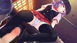 blush breasts cameltoe censored classroom desk evening feet female footjob game_cg hinasaki looking_down maternity_monsters!_dekichaimashita! no_shoes panties penis purple_hair school_desk school_uniform short_hair sitting skirt smile underwear