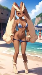 1girls 2025 ai_generated anthro beach bikini black_sclera brown_fur crowd curvy_figure digitigrade dripping female female_only flashing flashing_pussy generation_4_pokemon hi_res innie_pussy lopunny nintendo outdoors pink_eyes pokemon pokemon_(species) pussy rabbit seaside smile wet wet_body