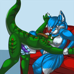 amber_eyes anthro bent_over big_breasts blue_eyes blue_hair blue_nipples blue_nose breasts canine chest_tuft domination dragon erection female femdom footjob fox fur furry hair hindpaw holding horn interspecies jade jade_scale male motorboat nipples nude paws penis precum pussy scale scalie sitting sofa spread_legs spreading straight stripes xk2x