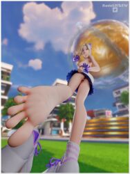 1girls blonde_hair buttplug feet foot_focus fortnite fortnite:_battle_royale haylee_skye_(fortnite) jewel_buttplug kodaknsfw outdoors sweaty toes upskirt_view
