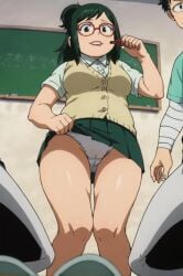 ai_generated black_hair female glasses green_eyes green_hair panties school_uniform skirt skirt_lift smile underwear upskirt white_panties