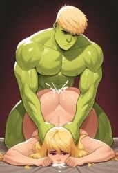 1boy1girl abs ai_generated backshots biceps big_ass big_biceps big_pecs blonde_hair cheating_husband cum doggy_style dominant_male female from_behind gay_male gay_to_straight gay_with_woman green_skin handsome_man hulkling male marvel marvel_comics muscular muscular_male muscular_thighs ntr teddy_altman