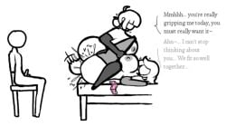 1boy 2girls aplovestudio bedroom chair condom_wrapper cucked_by_futa cuckold dialogue faceless_character futanari huge_ass huge_balls huge_breasts mating_press on_back short_hair text thighhighs