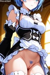 1girls ai_generated blue_eyes blue_hair dress_lift female female female_only from_below hair_ribbon looking_away maid maid_apron maid_dress maid_headdress maid_outfit maid_uniform medium_breasts no_panties patreon pubic_hair pussy re:zero_kara_hajimeru_isekai_seikatsu rem_(re:zero) salupai short_hair solo solo_female thighhighs uncensored watermark