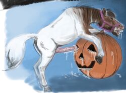 1boy equine feral food_penetration fucking_pumpkin gdane halloween horse horsecock male male_only masturbation pumpkin solo