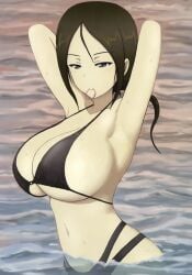 1girls adjusting_hair armpits arms_behind_head beach big_breasts bikini black_bikini blue_eyes breasts brown_hair bukkuri busty cleavage female female_only girls_und_panzer half-closed_eyes hi_res highres large_breasts legs long_hair mouth_hold navel nonna nonna_(girls_und_panzer) ocean pose posing sensual sexy sexy_armpits sexy_pose sideboob smile solo source_request swimsuit thighs voluptuous water wet