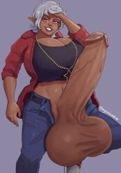 colette_belrose dark-skinned_female dark-skinned_futa dark_elf dominant_futa erection exposed_torso full_lips futanari huge_ass huge_breasts hyper_balls hyper_penis intersex jacket jacket_open jeans looking_at_viewer necklace pixie_cut red_eyes red_jacket sketch_andrew sneakers solo tubetop veins_on_dick white_hair wide_hips
