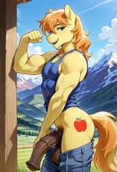 abs ai_generated anthro anthro_male ass balls biceps big_balls big_penis blush braeburn_(mlp) equine equine_penis erection flexing_arms furry gay green_eyes horse looking_at_viewer male male_only muscular muscular_male my_little_pony open_mouth orange_hair pants_down pecs penis smile tank_top toned_body toned_male twall97 yellow_skin