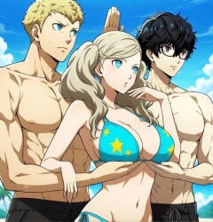 1girls 2boys accurate_art_style ann_takamaki aphrodite_(shuumatsu_no_valkyrie) areolae big_breasts bikini bikini_only black_eyes black_hair blonde_female blonde_hair blue_bikini blue_eyes breast_grab breast_hold breast_lift breasts busty canon_couple childhood_friend deity edit erect_nipples fanon_couple female female_focus glasses goddess hourglass_figure huge_breasts joker_(persona) large_breasts light-skinned_female light-skinned_male light_skin long_hair male meme not_my_art panther_(p5) persona persona_5 persona_5_royal phantom_thief ren_amamiya ryuji_sakamoto screencap servants_holding_aphrodite's_breasts_(meme) shuumatsu_no_valkyrie wearing_glasses wide_hips