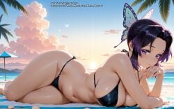 ai_female ai_generated big_breasts bikini black_hair butterfly_hair_ornament color colored demon_slayer female hell-pantsu hi_res kimetsu_no_yaiba kochou_shinobu multicolored_hair purple_eyes purple_hair