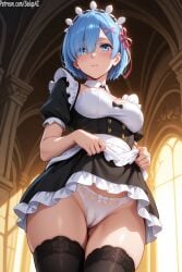 1girls ai_generated blue_eyes blue_hair cameltoe dress_lift female female female_only from_below hair_ribbon lace-trimmed_panties looking_at_viewer maid maid_apron maid_dress maid_headdress maid_outfit maid_uniform medium_breasts panties patreon re:zero_kara_hajimeru_isekai_seikatsu rem_(re:zero) salupai short_hair showing_panties shy solo solo_female thick_thighs thighhighs thighs uncensored watermark white_panties