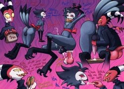 ass avian blitzo_(helluva_boss) bodily_fluids bound burger cum cum_inside cum_on_food ejaculation feeding food food_in_mouth french_fry garbagioni genital_fluids hands-free hands_tied helluva_boss hi_res imp makeup male male/male presenting presenting_hindquarters running_makeup stolas_(helluva_boss) sweat