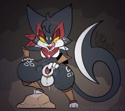 2024 accessory animal_genitalia anthro anthrofied balls bedroom_eyes beta_pokemon_(species) beta_pokemon_games beta_purrloin blade bodily_fluids chaokocartoons cheek_tuft claws cock_ring dripping drooling eye_markings facial_tuft felid feline front_view full-length_portrait genital_fluids genitals gloves_(marking) green_eyes grey_background grey_claws hi_res jewelry kerchief leg_markings licking licking_lips licking_own_lips long_tail looking_at_viewer male male_anthro mammal markings mostly_nude narrowed_eyes naughty_face neckerchief neckwear nintendo on_rock open_mouth open_smile penis penis_accessory penis_jewelry penis_tip pokemon portrait precum precum_drip presenting presenting_penis presenting_sheath pupils red_kerchief red_neckerchief rock saliva seductive sharp_teeth sheath simple_background slit_pupils smile socks_(marking) solo spread_sheath steam steamy_balls steamy_sheath step_pose tail tail_blade teeth thick_thighs tongue tongue_out tuft weapon_tail yellow_sclera