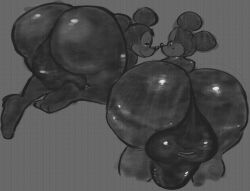 2025 anthro ass balls big_balls big_butt big_penis black_body blush butt_focus clothing digital_drawing_(artwork) digital_media_(artwork) disney fakesigss genital_focus genitals greyscale huge_balls huge_butt huge_cock huge_thighs hyper hyper_butt hyper_genitalia looking_at_viewer looking_back male mammal mickey_mouse monochrome mouse murid murine nude on_knee penis rear_view rodent smile solo thick_thighs thong underwear