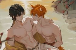 2boys animal_ears artist_request branch carrying fox_ears genshin_impact male multiple_boys princess_carry shirtless_male tartaglia_(genshin_impact) water yaoi zhongli_(genshin_impact)