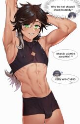 abs armpits bana_gameg bare_armpits boxer_briefs boxers brown_hair bulge bulge_through_clothing embarrassed gay green_eyes looking_at_viewer muscles muscular navel nipples nipples_visible_through_clothing revealing_clothes scaramouche_(genshin_impact) sethos_(genshin_impact) shaved_armpit shy smiling sports_bra sweat sweating tanned_skin text text_bubble thighs twink