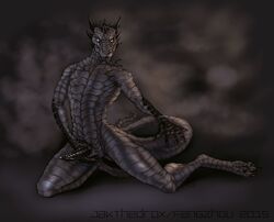 1boy 2015 animal_genitalia anthro argonian bethesda_softworks black_penis black_scales black_tongue digitigrade dragon erection fengzhou forked_tongue front_view genital_slit grey_scales holding_penis jakthedrox kneeling looking_at_viewer male male_only penis presenting presenting_penis scalie slit solo the_elder_scrolls tongue tongue_out