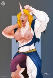 anthro blacktigerr blonde_hair breasts equid equine female futanari gender_transformation genitals hair hi_res hooves horn intersex mammal muscular mythological_creature mythological_equine mythology penis solo transformation unicorn white_body