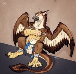 animal_genitalia anthro avian avian_feet balls beak blacktigerr brown_body claws genitals gryphon hi_res male mythological_avian mythological_creature mythology sheath solo tail transformation wings