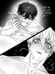 2024 2boys aggressively_grabbing_penis black_and_white black_hair black_hair_male blue_lock cum cum_on_face cum_on_hair foreskin gay gay_sex isagi_yoichi male/male nagi_seishiro shit_talking snagouge veiny_ahh_dih veiny_penis watermark white_hair white_hair_male yaoi