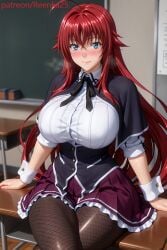 ai_generated blue_eyes blush crossed_legs desk high_school_dxd huge_breasts red_hair rias_gremory school school_uniform sitting sitting_on_desk skirt smile