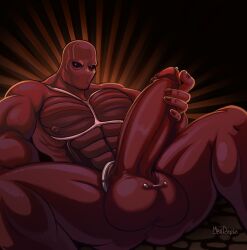 bara big_muscles big_penis cum_drip dark_eyes dick_piercing fear_and_hunger intimidating legs_spread massive_balls massive_penis mrsdaqota penis_close-up penis_out pierced_genitals pov_penis_closeup red_body ronn_chambara simple_background small_head yaoi