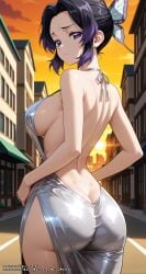 ai_female ai_generated big_breasts black_hair butterfly_hair_ornament color colored dress female hell-pantsu hi_res kimetsu_no_yaiba kochou_shinobu multicolored_hair purple_eyes purple_hair