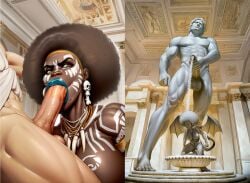 2boys 2girls african_female afro ai_generated ankh balls barefoot black_hair blue_lipstick blush breasts dark-skinned_female demon dress earrings egyptian_clothes fellatio female fountain greek_clothes interracial kneeling makeup male male/female multiple_images muscular_female muscular_male museum nude penis raceplay red_skin roman_clothing sandals sculpture statue straight thick_lips throne tight tribal tribal_markings white_dress white_male_black_female