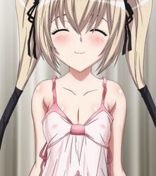 bare_shoulders blonde_hair blush closed_eyes ekaterina_kurae flat_chest hoods_entertainment lingerie nipples pointy_chin screencap see-through seikon_no_qwaser smile stitched underwear