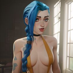 ai_generated arcane arcane:_league_of_legends arcane_jinx beachwear bedroom breasts choker clothed clothed_female female indoors jinx_(arcane) jinx_(league_of_legends) league_of_legends leotard looking_at_viewer medium_breasts tagme tattoo tattoos tongue tongue_out