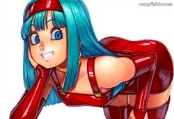 2025 ai_generated artist_name blue_eyes blue_hair bra_(dragon_ball) breasts crazyfishbones female gloves long_hair looking_at_viewer smile solo thighhighs
