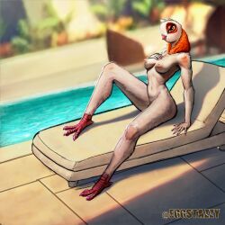 absurd_res anthro avian avian_feet bird breasts columbid eggstazzy female hi_res light lovey_(spies_in_disguise) medium_breasts nipples nude pigeon poolside solo sunlight
