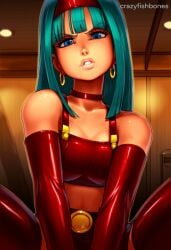 2025 ai_generated artist_name blue_eyes bra_(dragon_ball) breasts choker crazyfishbones earrings elbow_gloves female gloves jewelry long_hair solo