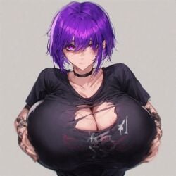 1girls ai_generated big_breasts black_clothing black_nails choker cleavage emo emo_girl female female_only groping_self huge_breasts massive_breasts nail_polish original original_character perchance_ai purple_eyes purple_hair self_upload short_hair tagme