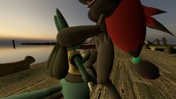 2015 3d anthro blue_fur canine closed_eyes duo erection fellatio fox fur garry's_mod grey_fur hair jackal lucario male mammal masturbation nintendo oral penis pokemon pokemon_(species) red_hair sex video_games yaoi zoroark