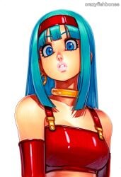2025 ai_generated artist_name blue_eyes blue_hair bra_(dragon_ball) breasts crazyfishbones earrings female gloves jewelry long_hair simple_background solo