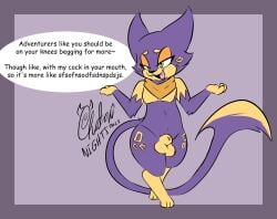 2023 animal_genitalia anthro balls border chaokocartoons cheek_tuft cute_fangs digitigrade dominant dominant_male english_text facial_tuft fangs felid feline front_view full-length_portrait generation_5_pokemon genitals gesture gloves_(marking) green_eyes hi_res kerchief kerchief_only long_tail male male_anthro mammal markings mostly_nude narrowed_eyes neckerchief neckerchief_only neckwear nintendo open_mouth penis penis_tip pokemon pokemon_(species) portrait purrloin sheath shrug simple_background speech_bubble tail talking_to_viewer tan_kerchief tan_neckerchief teeth text tuft walking wide_hips