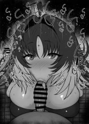 1boy 1girls :>= ahoge big_penis black_and_white blush breasts censored detailed_background drooling eyelashes fellatio female heart human indoor inside kneeling kurotama long_hair looking_at_viewer male male_pov multicolored_hair no oral oral_sex penis pov room saliva shiny shiny_skin sketch sound_effects squatting sweat text tied_hair tongue_out vein veins veiny veiny_penis wuthering_waves yangyang_(wuthering_waves)