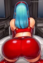 2025 ai_generated artist_name ass ass_focus back blue_hair bra_(dragon_ball) crazyfishbones female from_behind gloves long_hair looking_back solo