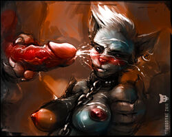 anthro balls blush breasts chained chains claws collar cum cum_on_body cum_on_breasts cum_on_chest cum_on_face cumshot difference disembodied_hands disgusted ear_piercing erection feline female forced fur furry male masturbation neurodyne nipples orange_background orgasm penis piercing pink_nose pointy_ears punk restrained sweat testicles text uncensored veins