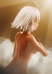 3d 3d_background ahoge blender_(medium) blender_(object) blurry cloud completely_nude dark-skinned_female dark_skin depth_of_field facing_viewer fate/apocrypha fate/grand_order fate_(series) female fog glowing glowing_eyes highres jeanne_d'arc_alter_(fate) looking_at_viewer mature_female nude pov realkansen sun tan topless_female white_hair yellow_eyes