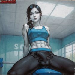 1futa 1girls abs absurd_res absurdres ai_assisted ai_generated black_hair bulge bulge_through_clothing dickgirl erection erection_under_clothes female futa_sans_pussy futanari hand_on_hip high_resolution highres intersex looking_at_viewer low-angle_view muscular muscular_female muscular_futa pale-skinned_female pale-skinned_futa pale_skin ponytail sitting sports_bra sportswear spread_legs sweat sweatdrop sweating thecoomjurer toned toned_body toned_female toned_futa wii_fit wii_fit_trainer