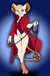 anthro big_ears blonde_hair blue_eyes bottomless buckteeth button_(fastener) chest_tuft claws clothed clothing coat collared_shirt deerwalker digitigrade dress_shirt fan_character female flat_colors freckles fur genitals hair hi_res looking_at_viewer mammal mina_(mina_the_hollower) mina_the_hollower mouse murid murine notched_ear pantsless pantsless_female potion pubes pussy red_clothing red_coat red_topwear rodent shirt smile solo spiked_ball teeth toe_claws topwear trenchcoat tuft walking_towards_viewer weapon whip white_body white_fur yacht_club_games