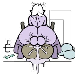 1futa 1girls aplovestudio condom_balloon condom_wrapper cum_dripping cum_inside female filled_condom futa_on_female futanari huge_ass huge_balls intersex mating_press original_character purple_cum purple_skin rear_view white_hair