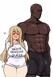 1boy 1girls big_penis blonde_hair breasts coomersucc dark-skinned_male dark_skin english_text female interracial large_breasts male racism text