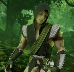 1boy 3d 3d_model arms_tattoo bush bushy_pubes cock_tattoo dick_tattoo face_tattoo forest gloves green_eyes hairy_bush hairy_pubes hya_cynthartz hyacynth_(artist) male male_only mortal_kombat mortal_kombat_1_(2023) no_pants no_underwear pantless penis_tattoo pubes reptile_(mortal_kombat) solo solo_male syzoth tattoos